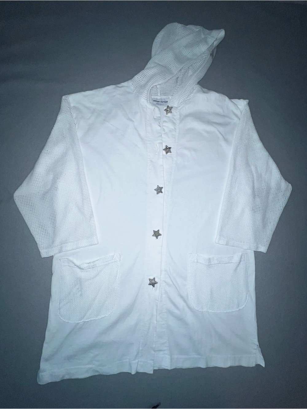 Jordan Taylor White Mesh Hooded Swim Cover Up Tunic Rhinestone Star Buttons OS